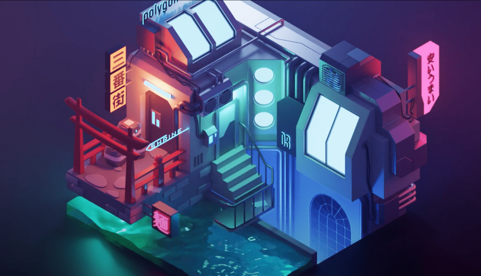 A 3d cyberpunk Waterfront Scene