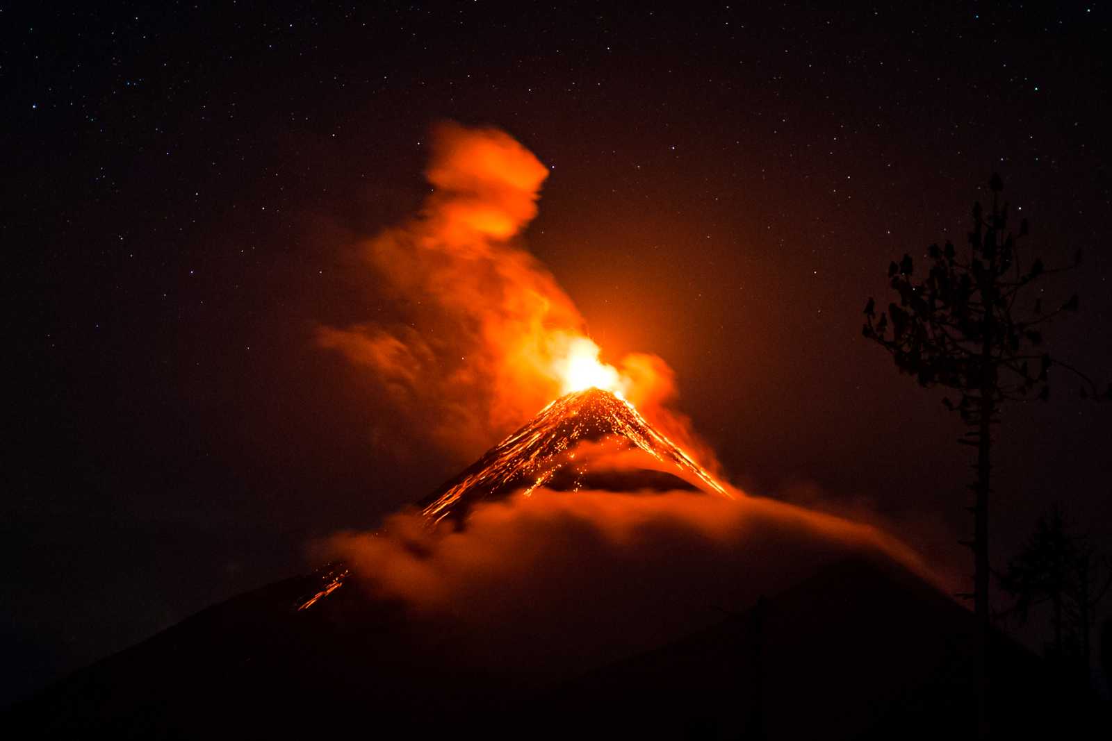 A volcano eruption in the dark
